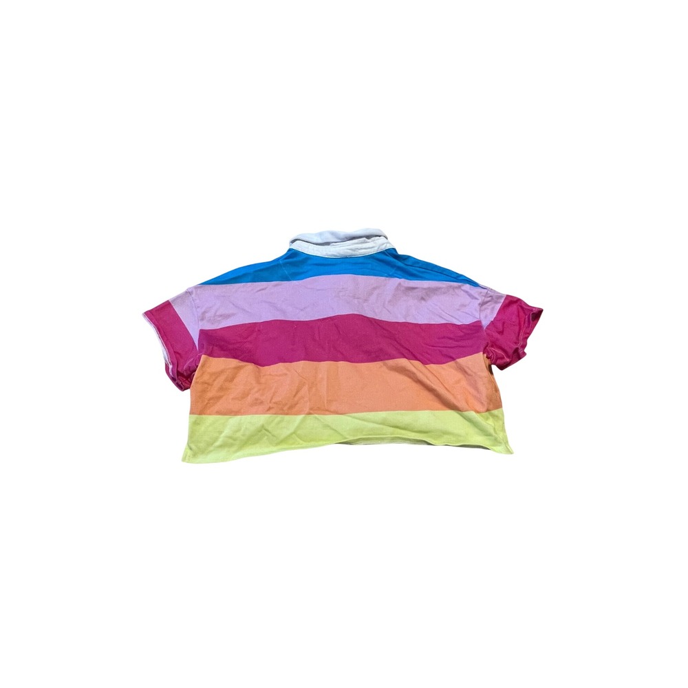 Beach Riot Willa Cropped Short Sleeve Polo Shirt Multi Stripe Pink Yellow Small - Picture 5 of 5